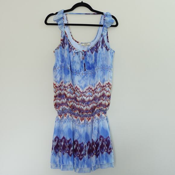 Guess Blue Multicolor Short Mini Boho Flutter Sleeve Blouson Dress Size Large - Picture 1 of 9